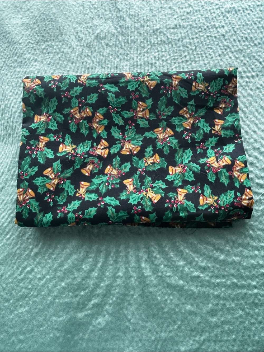 Festive Holly & Bells Cotton Fabric - Green Black Gold - new- 44 by 67”